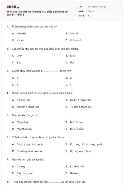 2000 câu trắc nghiệm tổng hợp Giải phẫu đại cương có đáp án - Phần 5