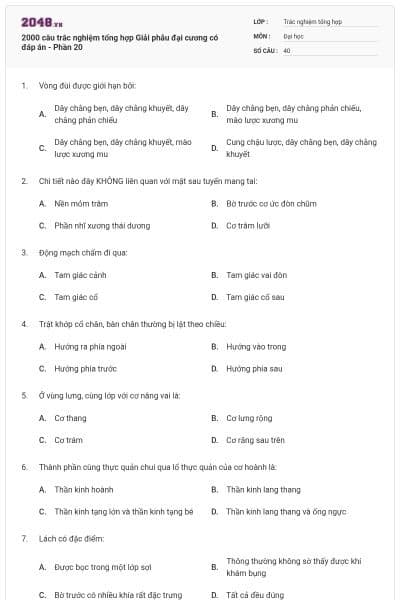 2000 câu trắc nghiệm tổng hợp Giải phẫu đại cương có đáp án - Phần 20