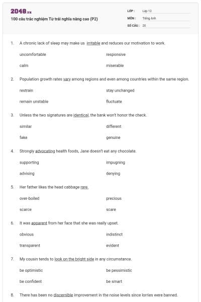 100 câu trắc nghiệm Từ trái nghĩa nâng cao (P2)