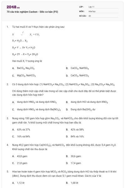 70 câu trắc nghiệm Cacbon - Silic cơ bản (P3)