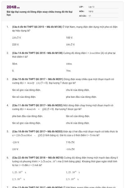 Bài tập Đại cương về Dòng điện xoay chiều trong đề thi Đại học