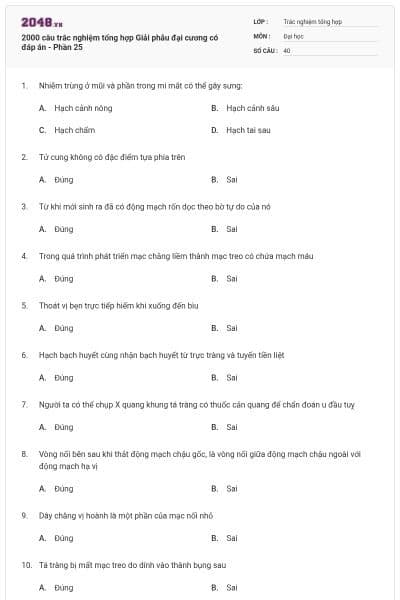 2000 câu trắc nghiệm tổng hợp Giải phẫu đại cương có đáp án - Phần 25