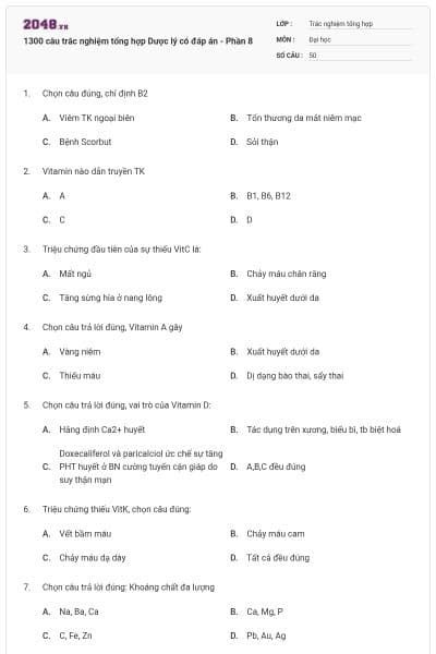 1300 câu trắc nghiệm tổng hợp Dược lý có đáp án - Phần 8