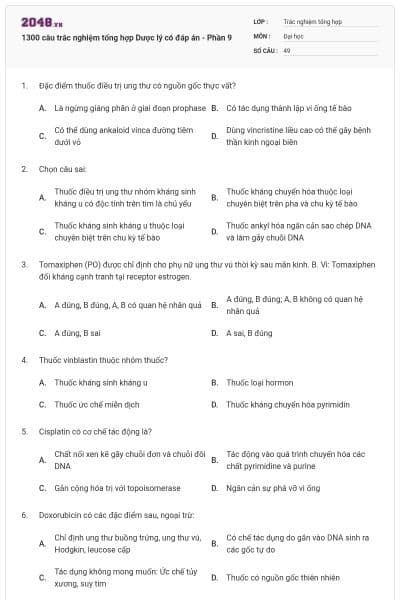 1300 câu trắc nghiệm tổng hợp Dược lý có đáp án - Phần 9