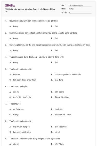 1300 câu trắc nghiệm tổng hợp Dược lý có đáp án - Phần 14
