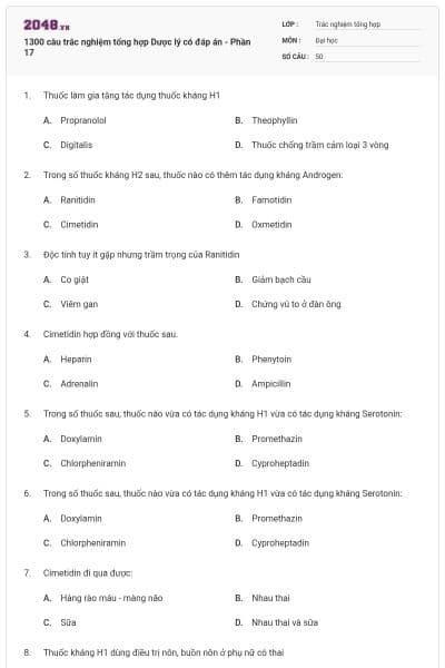 1300 câu trắc nghiệm tổng hợp Dược lý có đáp án - Phần 17