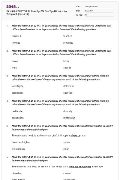 Đề thi thử THPTQG Sở Giáo Dục Và Đào Tạo Hà Nội môn Tiếng Anh (đề số 17)