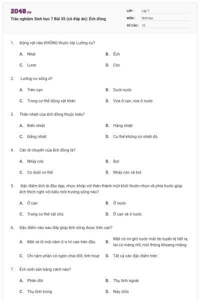 Trắc nghiệm Sinh học 7 Bài 35 (có đáp án): Ếch đồng