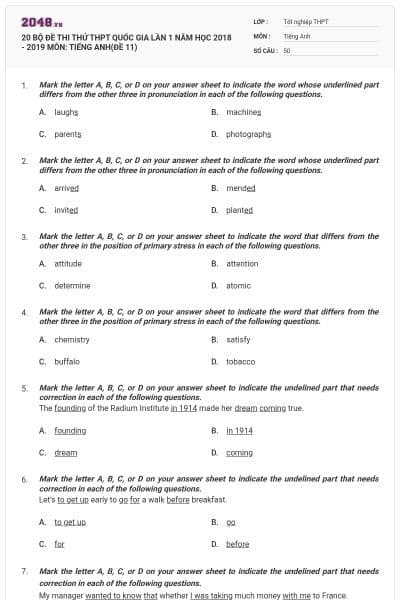 20 BỘ ĐỀ THI THỬ THPT QUỐC GIA LẦN 1 NĂM HỌC 2018 - 2019 MÔN: TIẾNG ANH(ĐỀ 11)