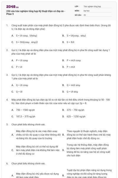 250 câu trắc nghiệm tổng hợp Kỹ thuật điện có đáp án - Phần 9