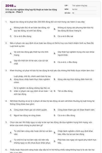 510 câu trắc nghiệm tổng hợp Kỹ thuật an toàn lao động có đáp án - Phần 5