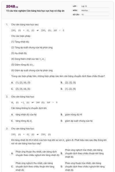 15 câu trắc nghiệm Cân bằng hóa học cực hay có đáp án