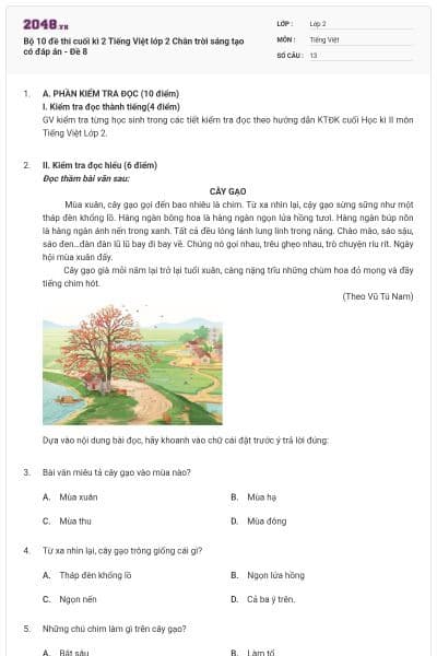 Bộ 10 đề thi cuối kì 2 Tiếng Việt lớp 2 Chân trời sáng tạo có đáp án - Đề 8