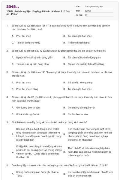 1000+ câu trắc nghiệm tổng hợp Kế toán tài chính 1 có đáp án - Phần 1