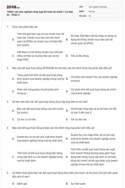 1000+ câu trắc nghiệm tổng hợp Kế toán tài chính 1 có đáp án - Phần 4