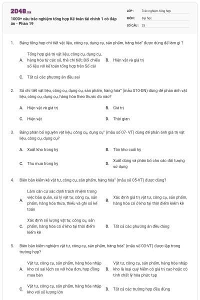 1000+ câu trắc nghiệm tổng hợp Kế toán tài chính 1 có đáp án - Phần 19