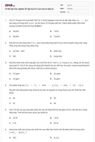 24 Bài tập trắc nghiệm Ôn tập học kì 2 cực hay có đáp án