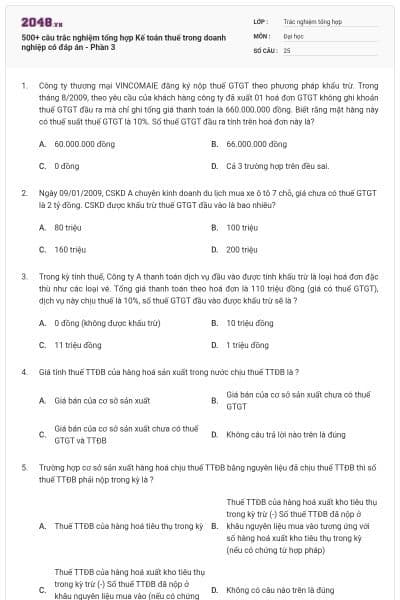 500+ câu trắc nghiệm tổng hợp Kế toán thuế trong doanh nghiệp có đáp án - Phần 3