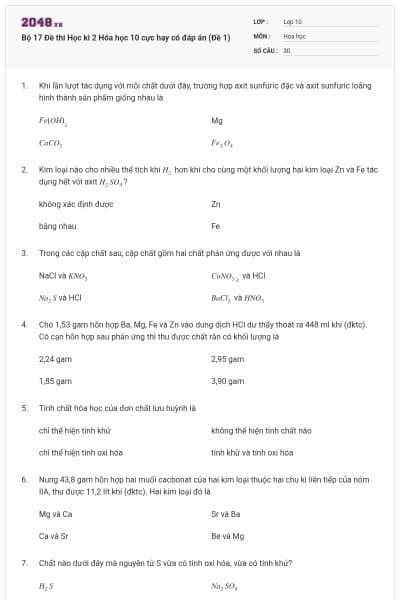 Bộ 17 Đề thi Học kì 2 Hóa học 10 cực hay có đáp án (Đề 1)