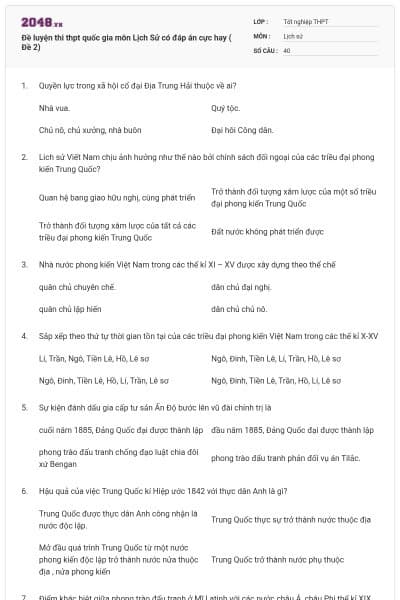 Đề luyện thi thpt quốc gia môn Lịch Sử có đáp án cực hay ( Đề 2)