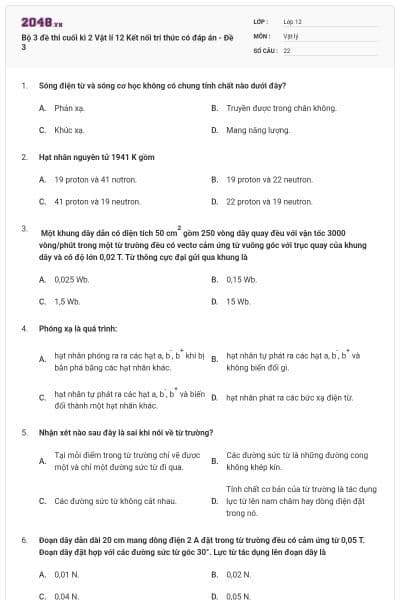 Bộ 3 đề thi cuối kì 2 Vật lí 12 Kết nối tri thức có đáp án - Đề 3