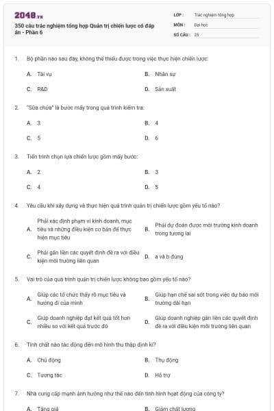 350 câu trắc nghiệm tổng hợp Quản trị chiến lược có đáp án - Phần 6