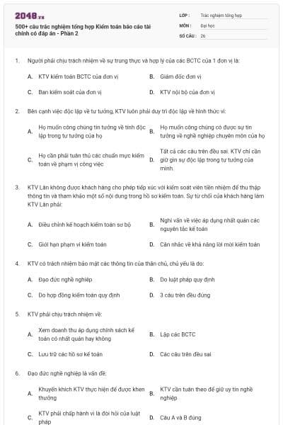 500+ câu trắc nghiệm tổng hợp Kiểm toán báo cáo tài chính có đáp án - Phần 2