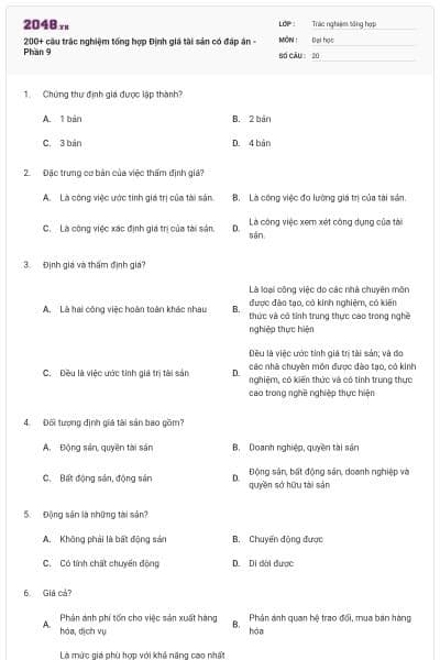 200+ câu trắc nghiệm tổng hợp Định giá tài sản có đáp án - Phần 9