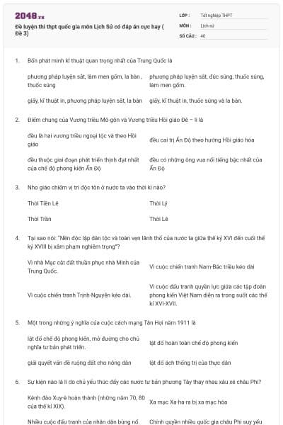 Đề luyện thi thpt quốc gia môn Lịch Sử có đáp án cực hay ( Đề 3)