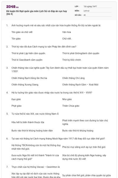 Đề luyện thi thpt quốc gia môn Lịch Sử có đáp án cực hay (Đề 4)