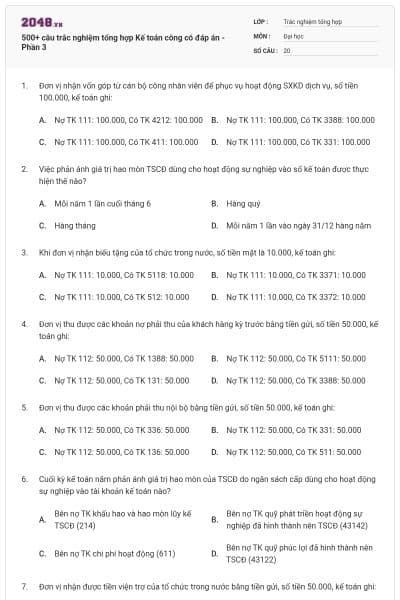 500+ câu trắc nghiệm tổng hợp Kế toán công có đáp án - Phần 3