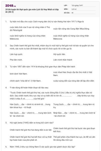 20 Đề luyện thi thpt quốc gia môn Lịch Sử Hay Nhất có đáp án (đề 2)