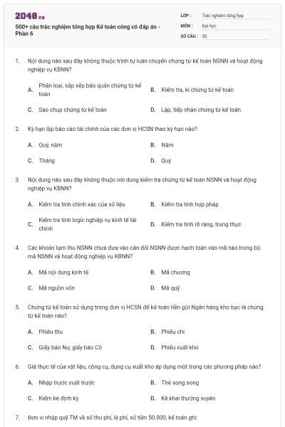 500+ câu trắc nghiệm tổng hợp Kế toán công có đáp án - Phần 6