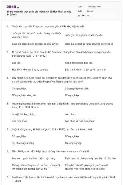 20 Đề luyện thi thpt quốc gia môn Lịch Sử Hay Nhất có đáp án (đề 4)