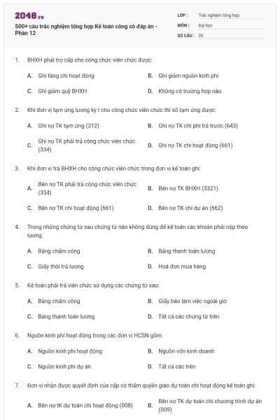500+ câu trắc nghiệm tổng hợp Kế toán công có đáp án - Phần 12