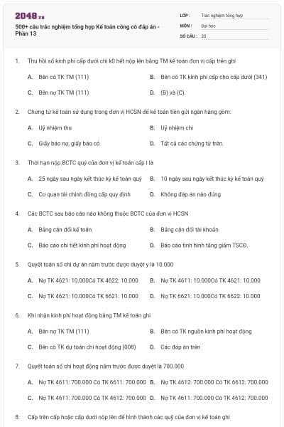 500+ câu trắc nghiệm tổng hợp Kế toán công có đáp án - Phần 13