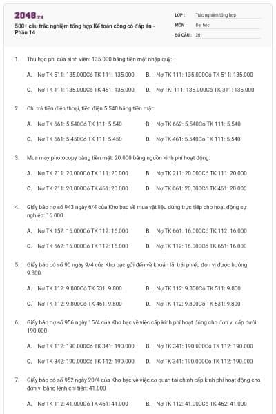500+ câu trắc nghiệm tổng hợp Kế toán công có đáp án - Phần 14