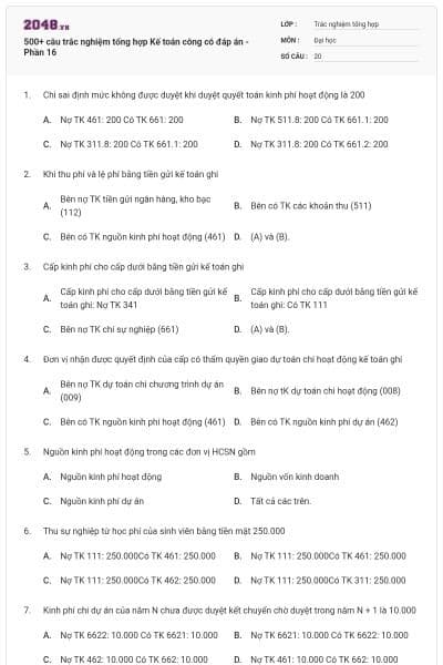 500+ câu trắc nghiệm tổng hợp Kế toán công có đáp án - Phần 16