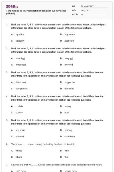 Tổng hợp đề thi thử mới nhất môn tiếng anh cực hay có lời giải (P1)