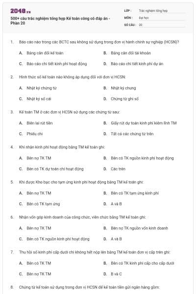 500+ câu trắc nghiệm tổng hợp Kế toán công có đáp án - Phần 20
