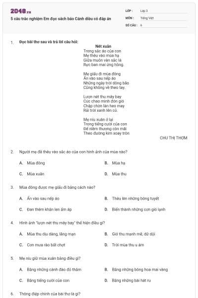 5 câu trắc nghiệm Em đọc sách báo Cánh diều có đáp án