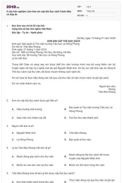5 câu trắc nghiệm Làm đơn xin cấp thẻ đọc sách Cánh diều có đáp án