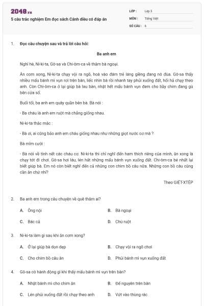 5 câu trắc nghiệm Em đọc sách Cánh diều có đáp án