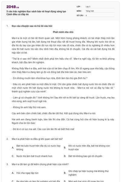 5 câu trắc nghiệm Đọc sách báo về hoạt động sáng tạo Cánh diều có đáp án