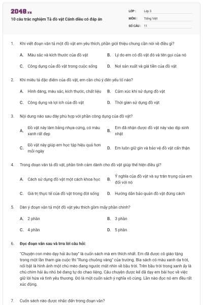 10 câu trắc nghiệm Tả đồ vật Cánh diều có đáp án