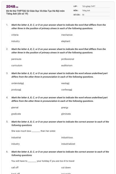 Đề thi thử THPTQG Sở Giáo Dục Và Đào Tạo Hà Nội môn Tiếng Anh (đề số 19)
