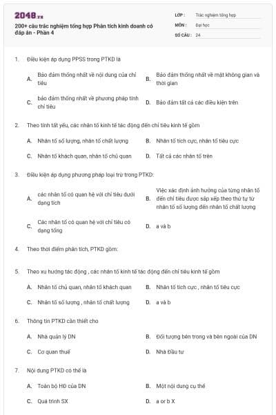 200+ câu trắc nghiệm tổng hợp Phân tích kinh doanh có đáp án - Phần 4