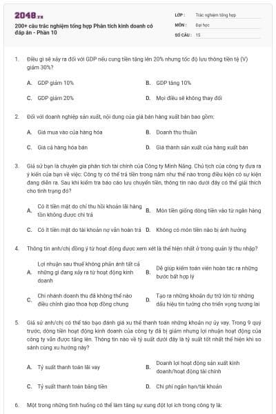200+ câu trắc nghiệm tổng hợp Phân tích kinh doanh có đáp án - Phần 10
