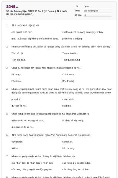 30 câu Trắc nghiệm GDCD 11 Bài 9 (có đáp án): Nhà nước Xã hội chủ nghĩa (phần 1)