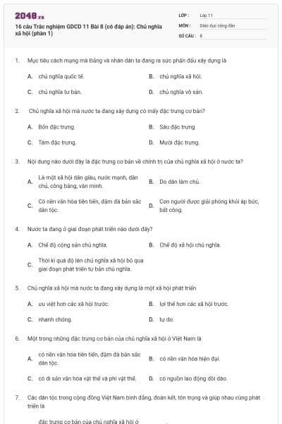 16 câu Trắc nghiệm GDCD 11 Bài 8 (có đáp án): Chủ nghĩa xã hội (phần 1)